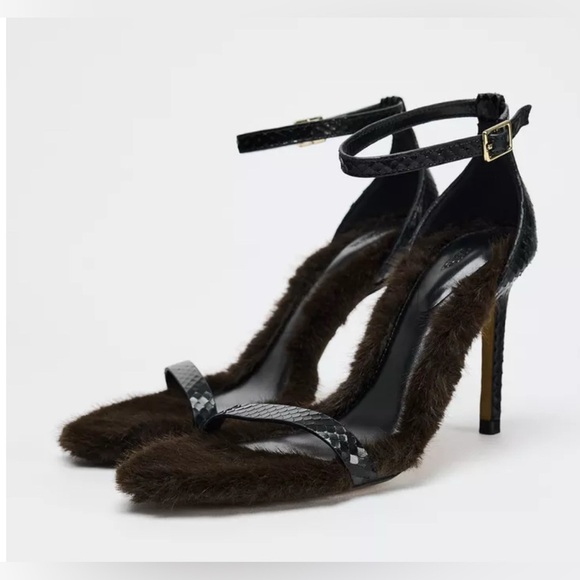 🔥🔥Zara Embossed Leather faux fur heel sandals (limited edition) - Picture 1 of 6